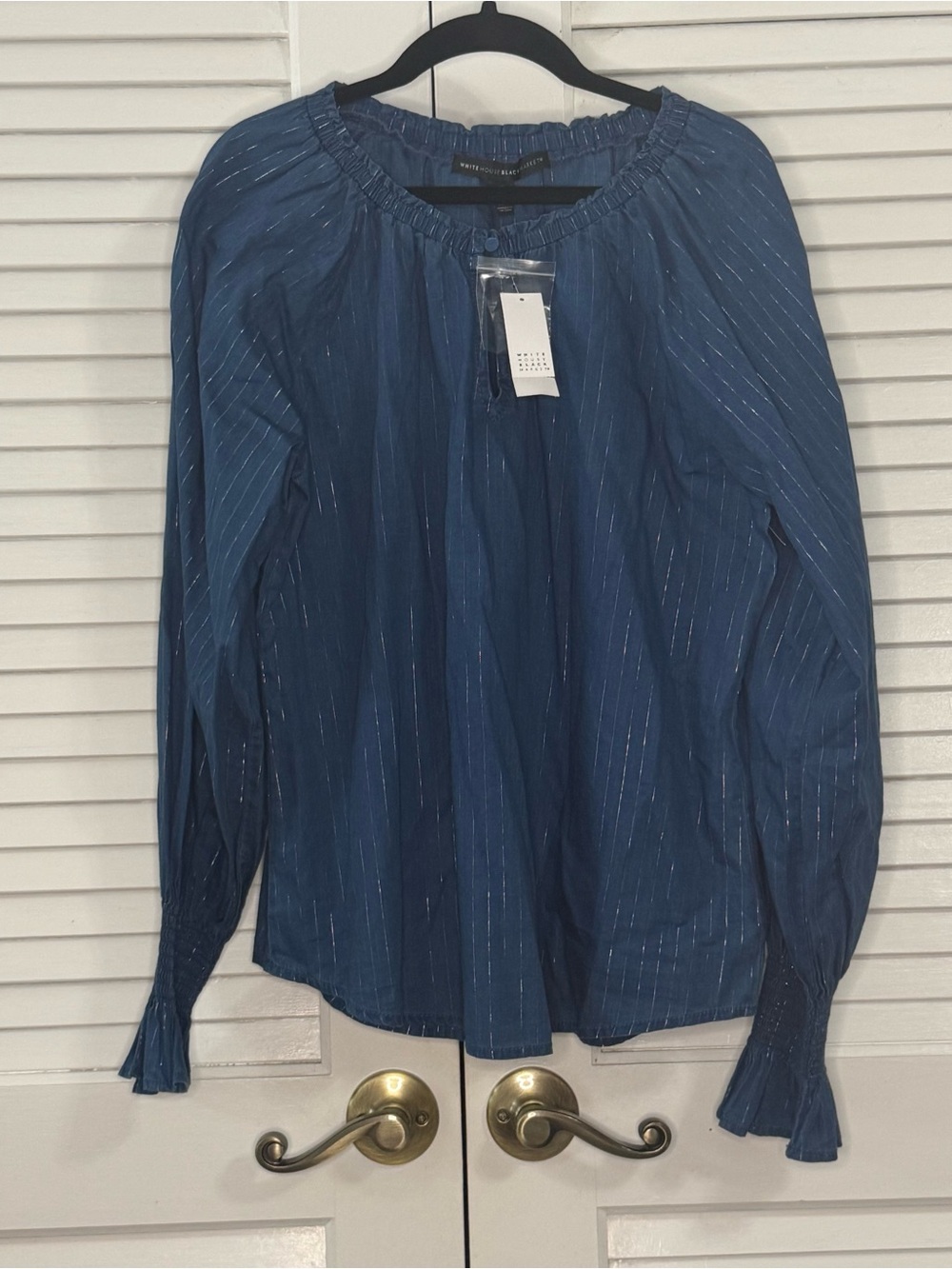White House Black Market Navy Blue Metallic-Striped Long Sleeve Peasant Blouse